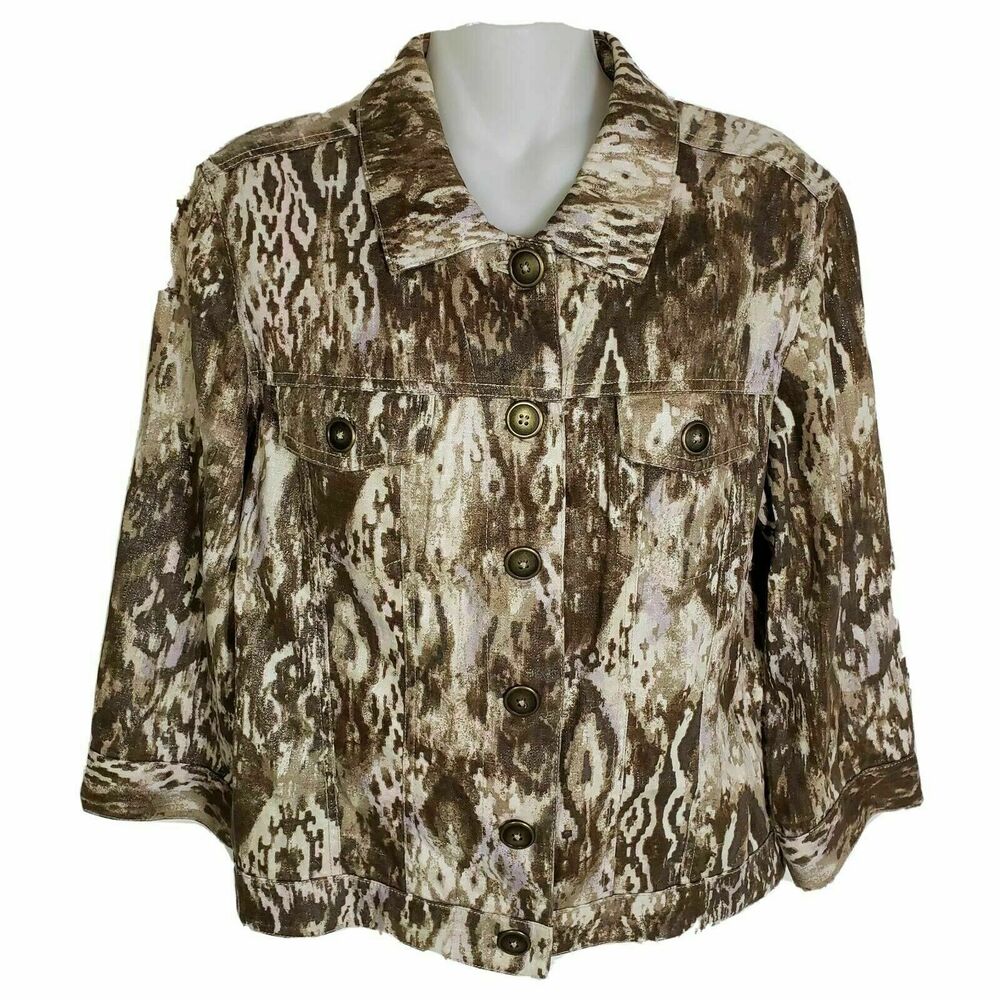Chico's Womens Jacket Sz Small 4 Animal Print Button Linen Blend Shimmer Pocket